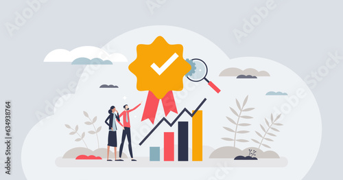Quality assurance or performance tracking for development tiny person concept. Business growth guarantee with sales control and efficiency measurement vector illustration. Leadership approval check.
