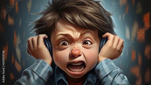 Close-up illustration of a young child, overwhelmed and screaming in pain with headphones on. Headnoise concept.  © Sunshine Design