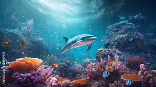 Dolphins and a reef undersea environment electronic Generative Ai © Lucky