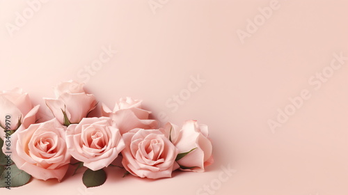 Fototapeta Naklejka Na Ścianę i Meble -  Decorative web banner. Close up of blooming pink roses flowers and petals isolated on white table background. Floral frame composition. Empty space, flat lay, top view. Generative ai