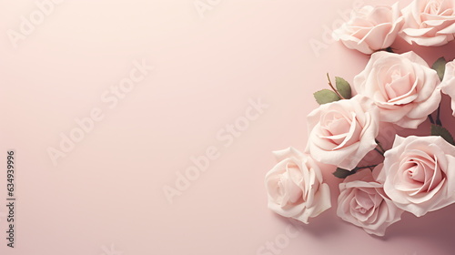 Decorative web banner. Close up of blooming pink roses flowers and petals isolated on white table background. Floral frame composition. Empty space, flat lay, top view. Generative ai