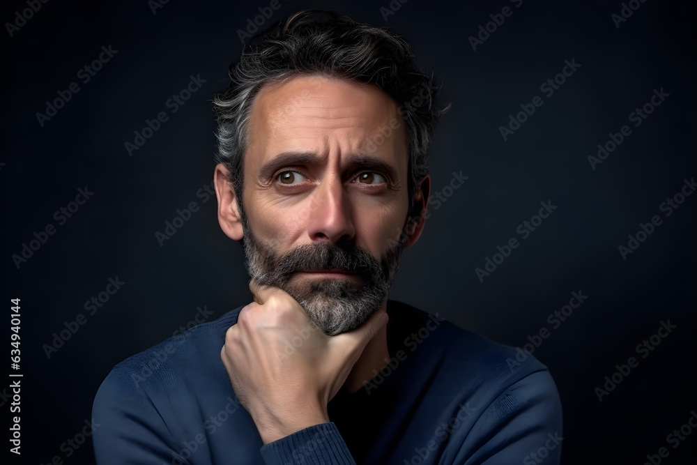 Fototapeta premium Portrait of middle aged good looking man posing on black background. Happy confident mature model man pose in front of a dark background