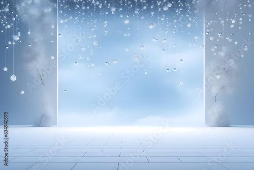 Room with snow in winter landscape, Empty space display of presentation product, AI generate