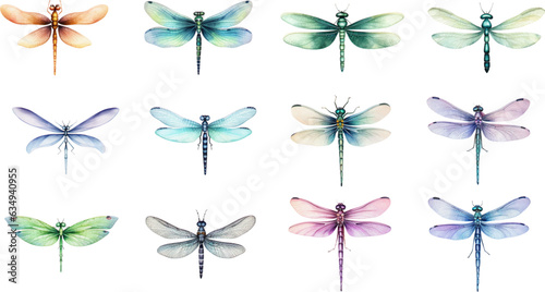 Set of watercolor dragonflies on white background. Generative AI