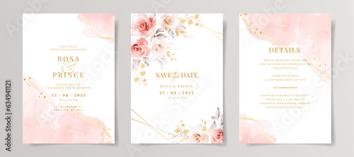 Set of watercolor wedding invitation card template with pink floral and leaves decoration