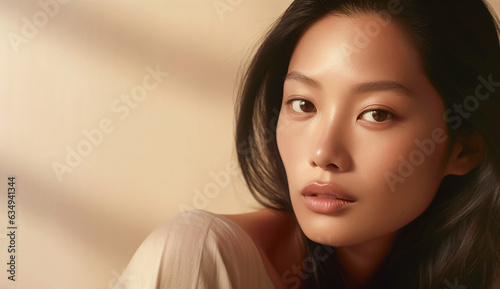 Close up portrait of young asian woman. Beautiful lady with pure and healthy face skin on beige background