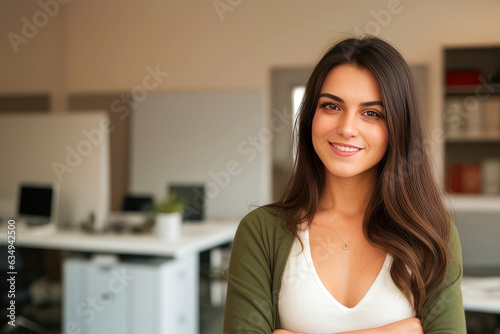 Beautiful smiling woman looking at camera with standing in creative office background.