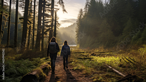 person walking in the woods, woman and friend hiking in the forest
