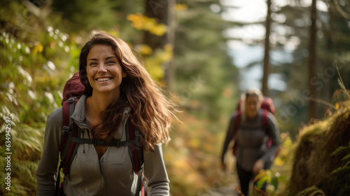 smilling of healthy woman and friend, they are travelling and trekking, forest trail soft and blurred light background in the morning