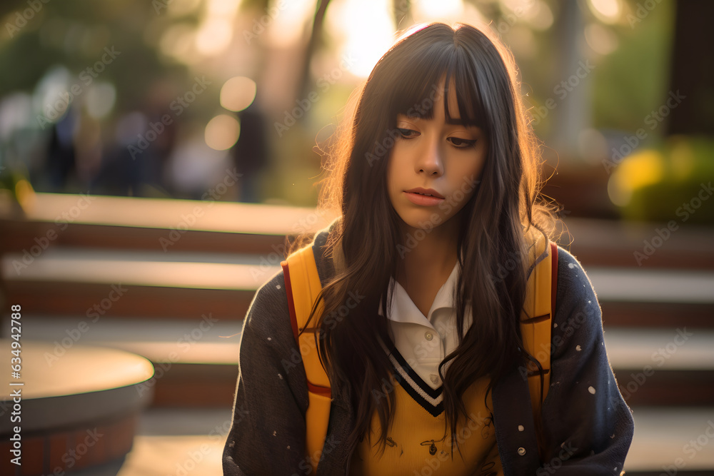 Obraz premium Portrait female student entering first day of school alone. Young Woman with Long Brown Hair and backpack with blurry school background