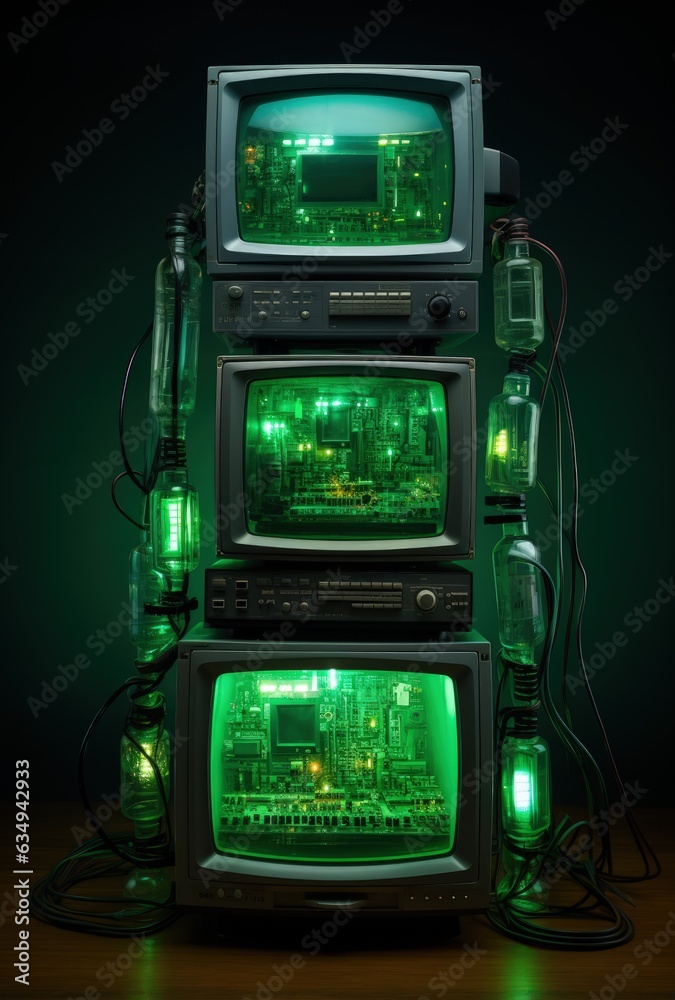 retro televisions with electronic circuit boards and green light
