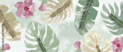 Tropical leaf line art background vector. Natural botanical leaves pattern design in linear contour, watercolor texture. Plant illustration for fabric, print, cover, banner, decoration, wallpaper.