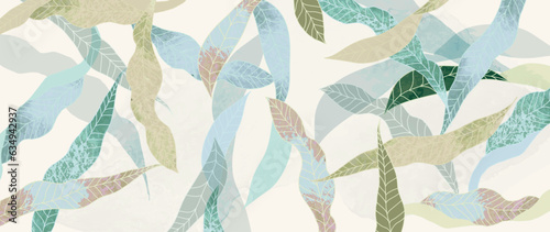 Tropical leaf line art background vector. Natural botanical leaves pattern design in linear contour, watercolor texture. Plant illustration for fabric, print, cover, banner, decoration, wallpaper.