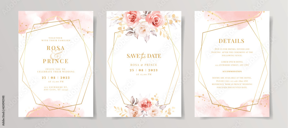 Set of watercolor wedding invitation card template with pink floral and leaves decoration