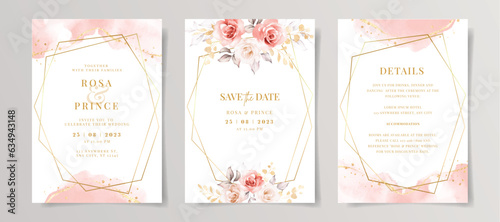 Set of watercolor wedding invitation card template with pink floral and leaves decoration