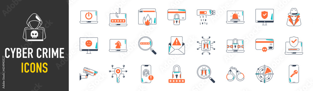 Cyber crime and security icon set. Data protection symbol. Secured network icon collection. Technology concept. Vector illustration.
