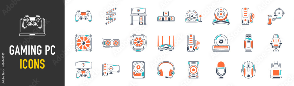 Simple Set of Gaming PC Vector Icons. Contains such Icons as Case, Graphic Card , SSD, Computer, Motherboard and more.	
