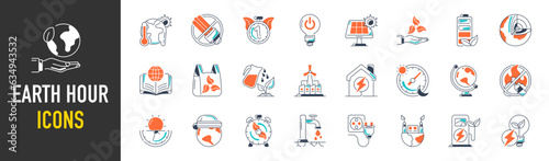 Climate change, ecology, green energy, park and weather icon set. Containing global warming, renewable energy, greenhouse, melting ice, earth pollution, outdoor activity. Flat vector illustration 