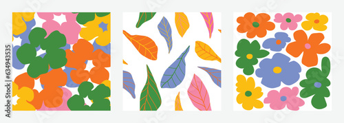 Set of doodle in seamless pattern. Abstract art background vector design with childish scribble, flower, leaf in vibrant color. Fun creative illustration for kids, fabric, prints, cover.
