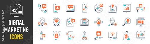 Digital marketing icon set. Containing seo, content, website, social media, sales and online advertising. Solid vector symbol collection.

