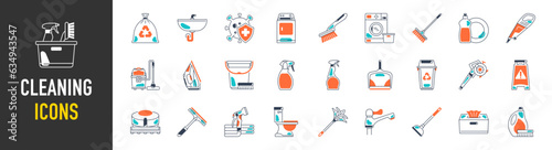 Cleaning icons. Laundry, Window sponge and Vacuum cleaner icons. Washing machine, Housekeeping service and Maid cleaner equipment. Window cleaning, Wipe off, laundry. Vector 
