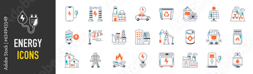 Energy icon set. Collection of renewable energy, ecology and green electricity icons. Vector illustration.
