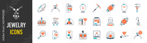 Jewelry Flat Icons Set. Contains Ring, Necklace, Bracelet, Diamond, Mine Cart, Delivery, Pickaxe, Caliper, Crown, Pearl, Miner and more.	

