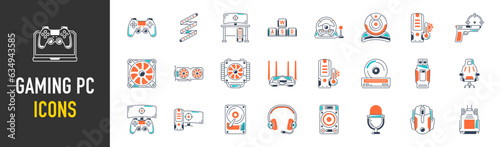 Simple Set of Gaming PC Vector Icons. Contains such Icons as Case, Graphic Card , SSD, Computer, Motherboard and more.	
