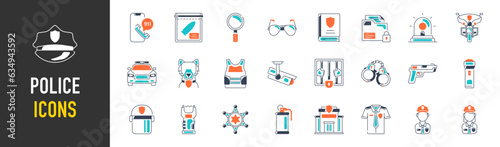 Police icon set. Vector illustration. Containing police van, police badge, police, police car, police hat, policeman, riot police, police call, gun.
