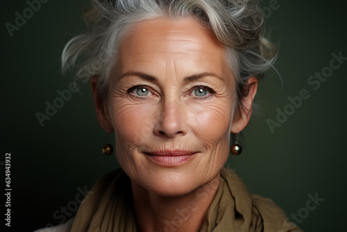 Front view portrait caucasian attractive middle aged woman looking at camera, elderly beautiful model skincare concept. Senior people and beauty photo
