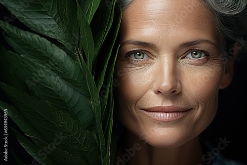 Beautiful middle aged woman model and big green leaves, portrait caucasian elderly lady looking at camera. Senior people and beauty, skincare concept