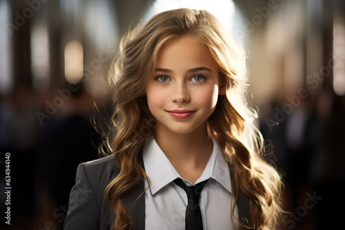Portrait of pretty schoolgirl at school  caucasian teenager in shirt with a tie looking at camera indoors