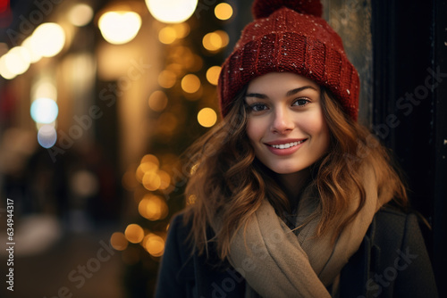 Smiling pretty young woman in red knitted hat on winter evening outdoors looking at camera, bokeh lights, copy space