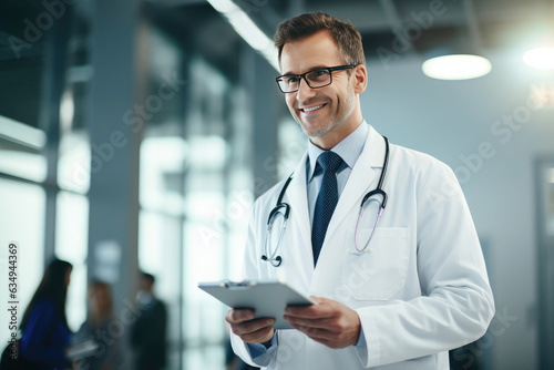 Doctor in uniform holding patient chart on medical office background.Generative ai