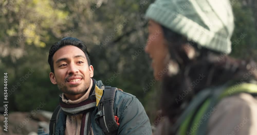 Travel, hiking and happy with couple in forest for relax, fitness and adventure. Love, calm and health with man and woman talking in nature for peace vacation, trekking and camping holiday together