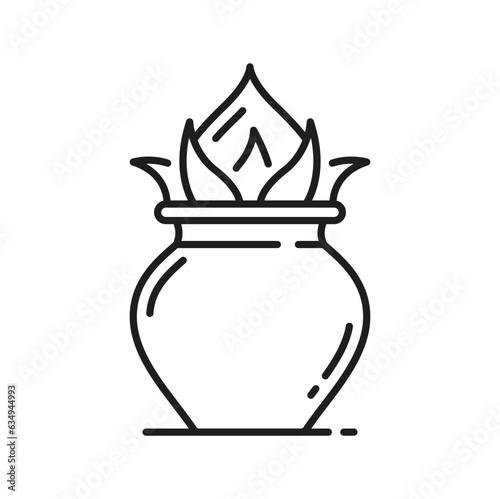 Jainism religion symbol of Kalasha pot, Jain Indian religious vector icon. Jainism Ashtamangala symbol of Purna Kalasha kalasa or ghat pot in Jain worship and ritual of Hindu spiritual religion icon