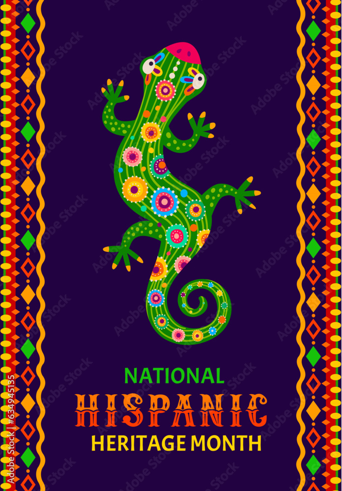 Lizard at ethnic ornament, national hispanic heritage month flyer or