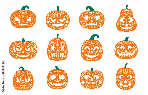 Halloween mexican pumpkins, dia de los muertos holiday or day of the dead party characters with ornament. Calaca gourd faces with eyes and toothy smiles. Isolated vector jack-o-lantern personages set