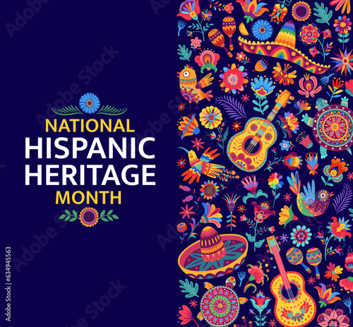 National hispanic heritage month festival banner with colorful tropical flowers, sombrero and animals. Vector festival card features bold colors, cultural symbols and alebrije style floral pattern