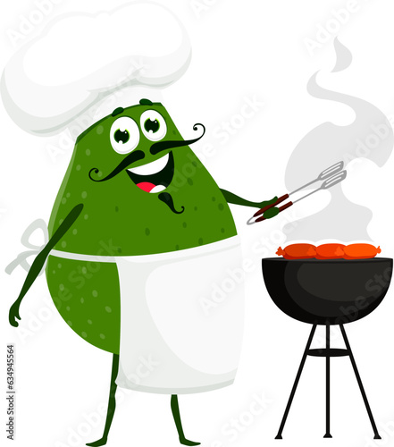 Cartoon avocado chef character with charming appearance. Isolated vector vegetable personage wearing white toque and apron, cooking fried sausages on barbeque machine, bringing culinary flair to dish