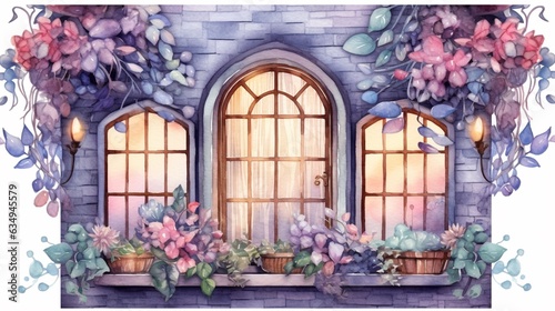 Watercolor fairy Night Window Clipart floral fantasy Generative Ai © Lucky