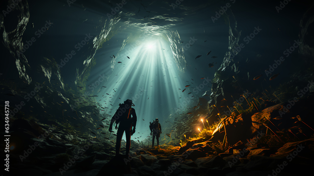 Scuba divers swim underwater with fish. non-existent person. AI generated Scuba divers swim underwater with fish. non-existent person. AI generated