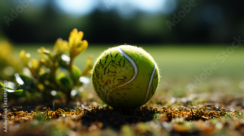 The tennis ball lies on the green grass on the tennis court. AI generated