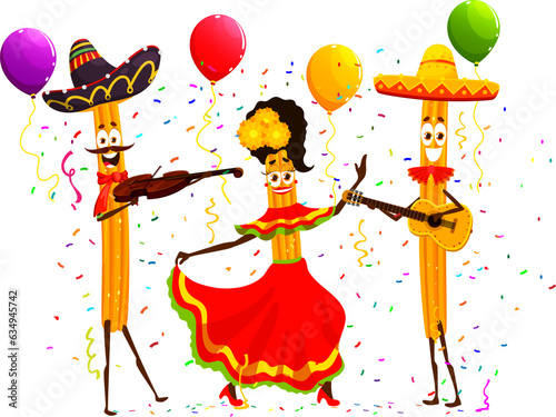Mexican tex mex churros characters on holiday party. Vector funny mariachi musicians and dancer food personages bring festive cheer with their delicious cinnamon-sugar treats and vibrant costumes