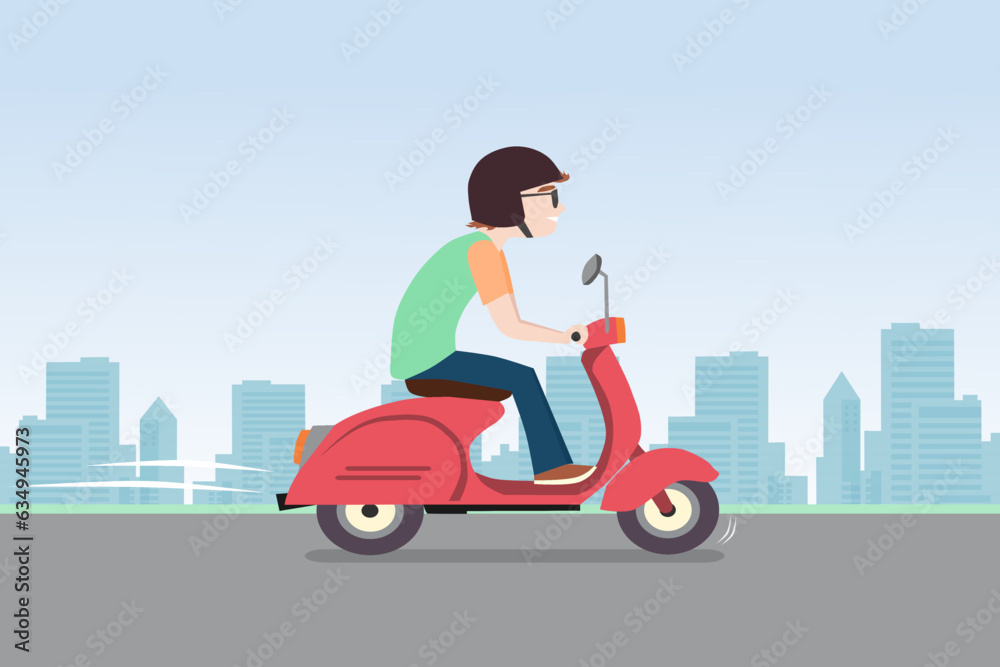 A man wearing helmet riding a motor scooter on the road with city background. Cartoon vector illustration.