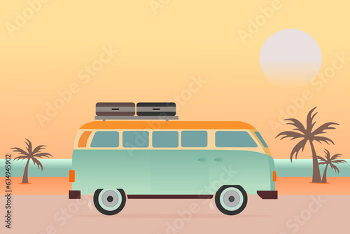 Combi van with the suitcases on the road at the beach with background sunset. Van life vector. Vintage retro. Traveling by van. Campervan. Camper van. Camping. Motorhome. Road trip.
