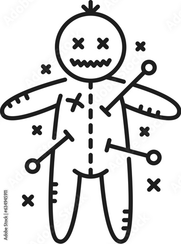 Voodoo witchcraft and magic icon. Mystery, esoteric, astrology symbol. Witchcraft object or sorcery curse linear vector symbol black magic thin line icon or sign with voodoo doll pierced by pins