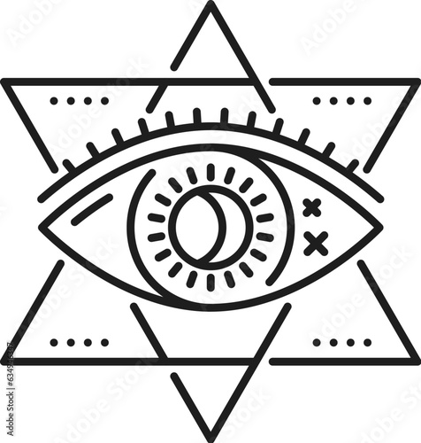 Prediction providence eye, witchcraft magic icon for esoteric and astrology, vector symbol of occult mystery. Eye of truth line icon of occult magic or tarot cards, freemason pyramid with eye sign