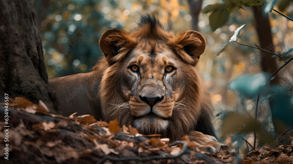 Naklejka premium Lion Portrait Surrounded by Leaves