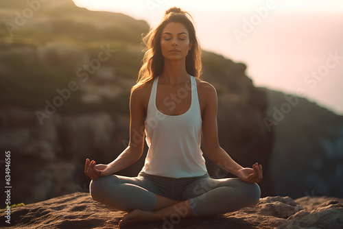 Beautiful relaxed woman practicing yoga in near the ocean. Young woman sitting on the rock doing meditation in nature radiates serenity